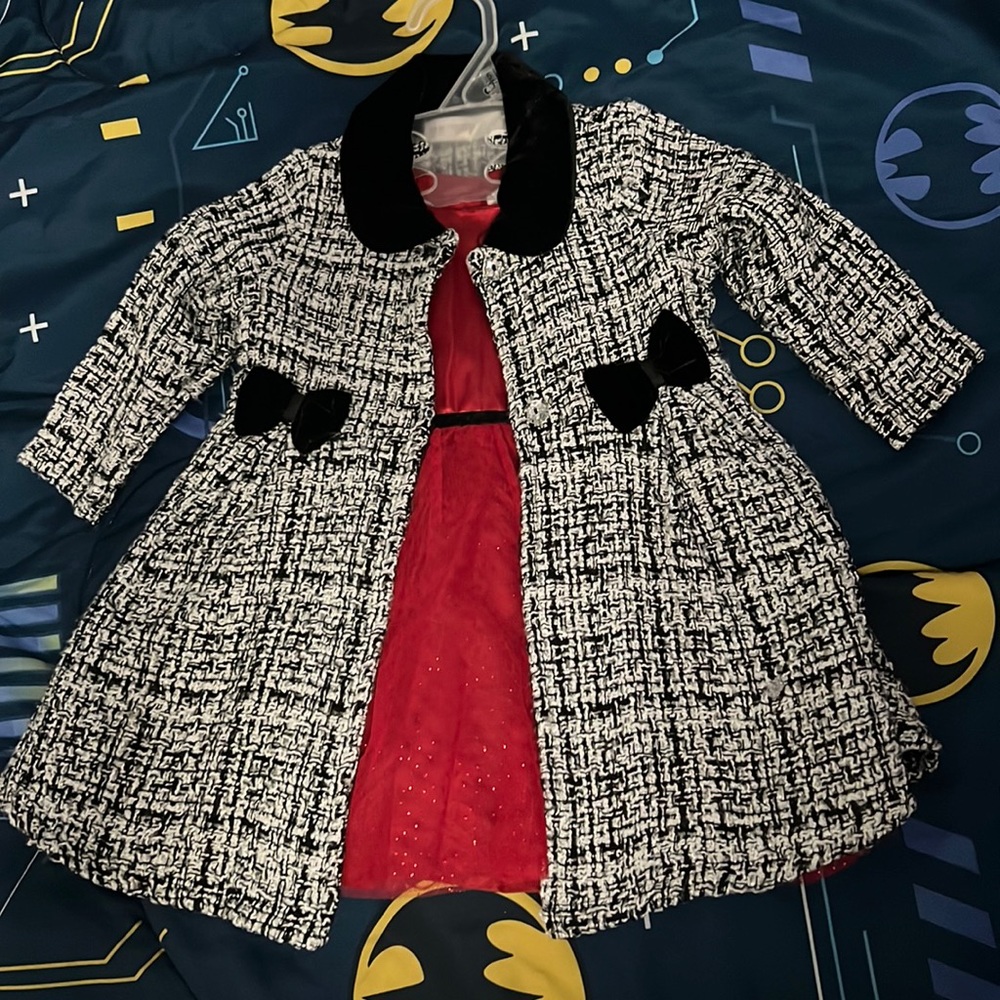 Red dress with black and white overcoat